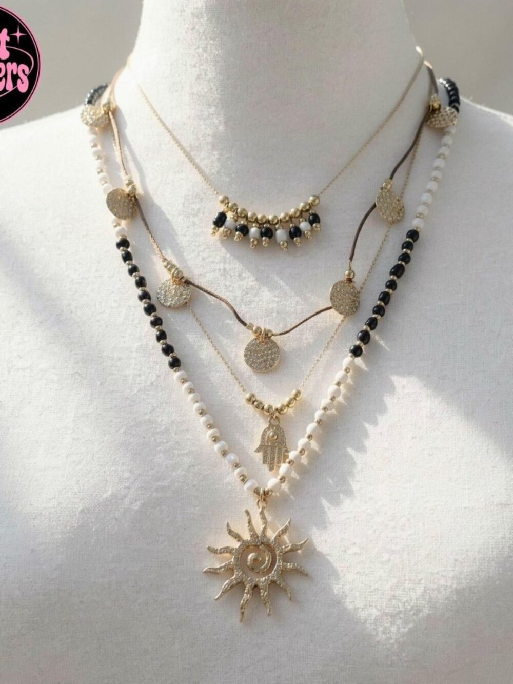 Y2K 2000s style 2 pcs set Multi layered Gold and black beaded necklace with sun